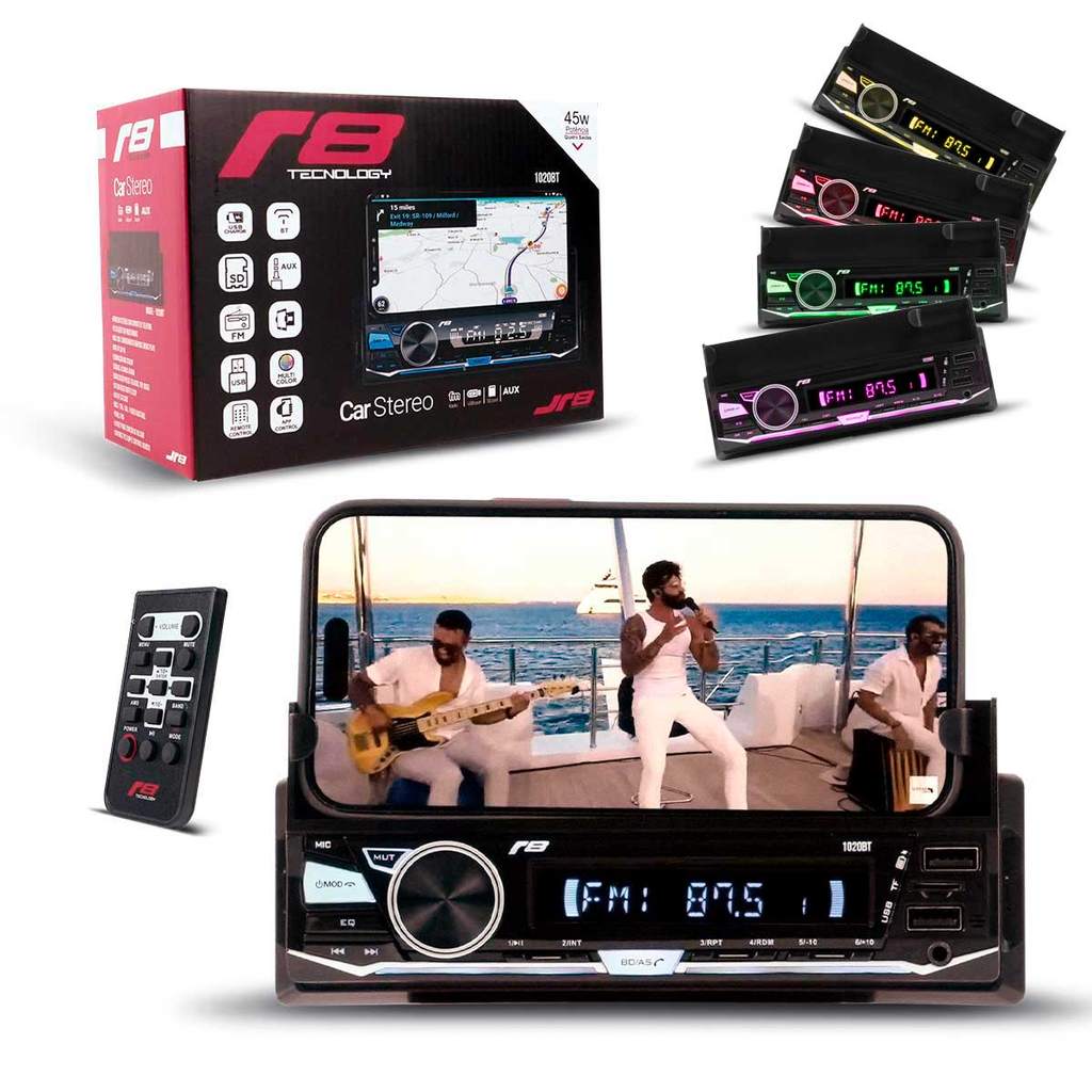 Radio Mp3 Jr8 1020bt Lcd Multicolor Suporte Celular App Automotivo