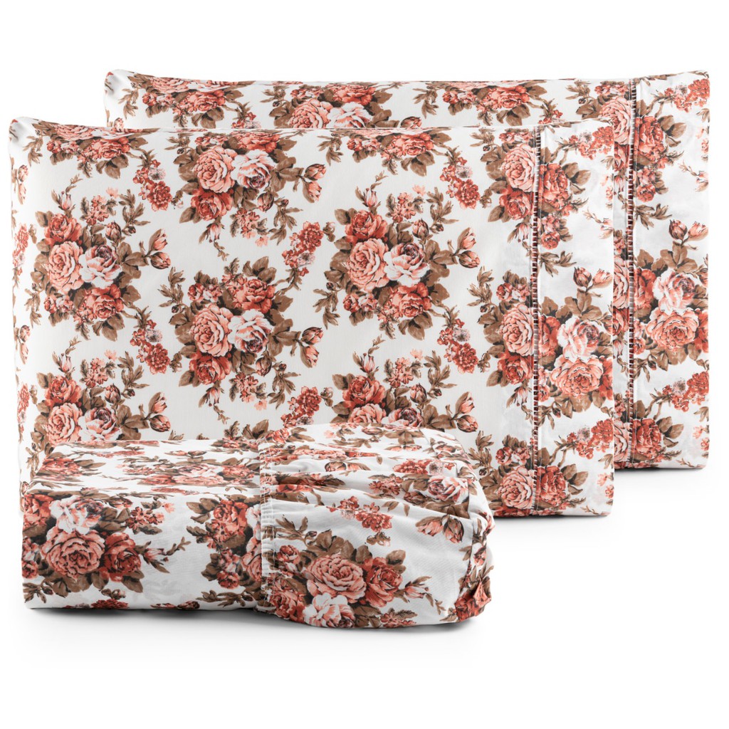 Kit Cama Casal Tres Pecas Percal 180 Fios Algodão Estampado Elástico Enxovais