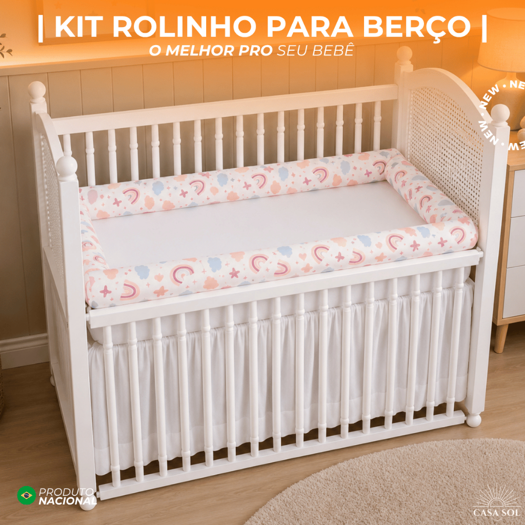 KIT ROLINHO PROTETOR PARA BERÇO AMERICANO OU NACIONAL 4 PEÇAS ALGODÃO