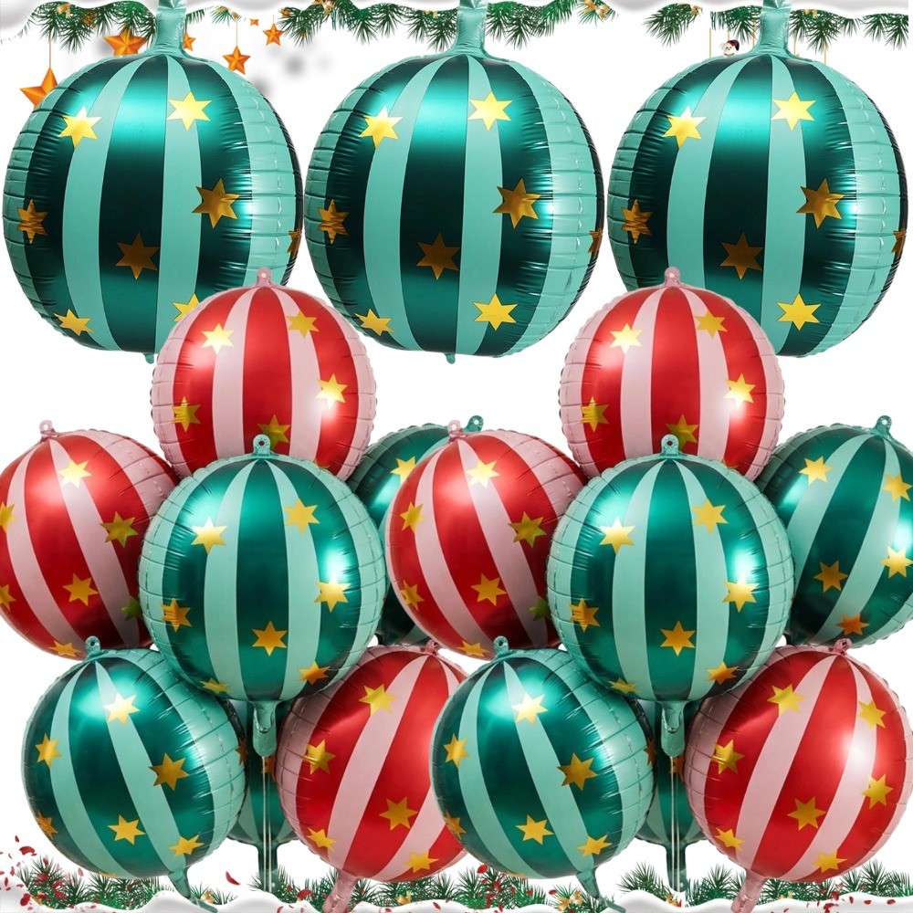 Balões De Estrela Listrados Redondos 4D De Natal Folha Verde Vermelha De 22 Polegadas Para Decoração De Festa # A-lister