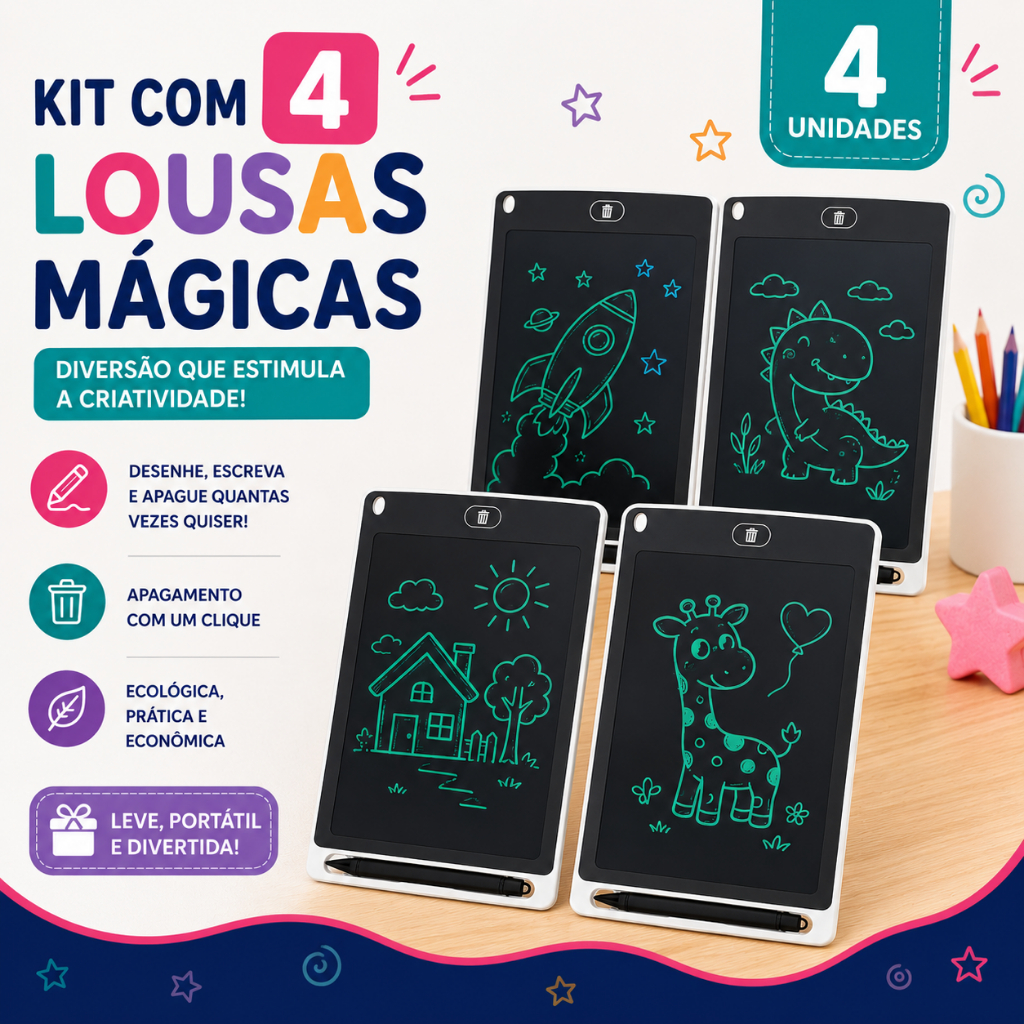 Kit 4 Lousa Mágica Tela Lcd Tablet Infantil Escrever Desenhar Brinquedo Menina Menino 10 Polegadas