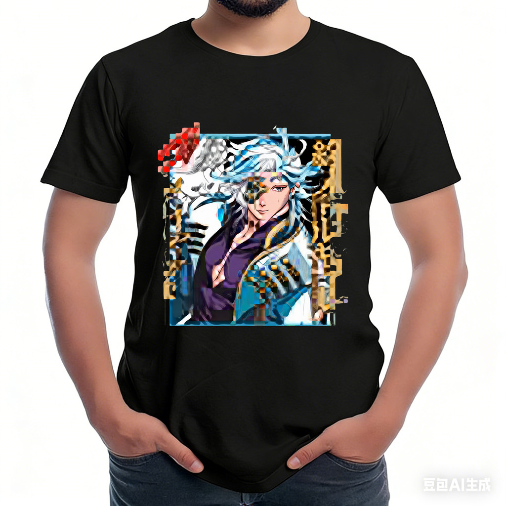 Camisa De Anime Com Design De Personagem De Cabelo Azul E Branco, Em Tons De Azul, Branco E Preto, Feita De Tecido De Al