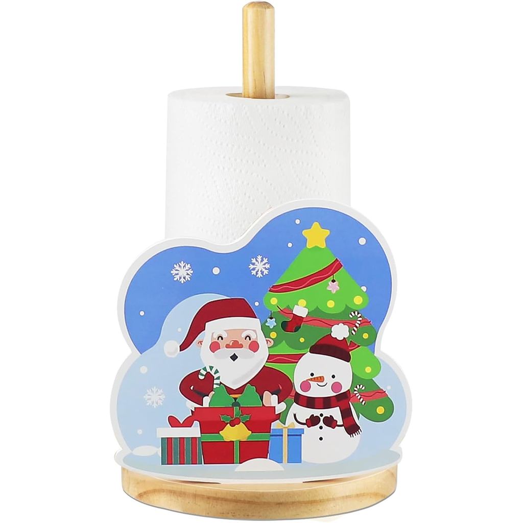 Christmas Paper Towel Holder, Wooden Standing Kitchen Towel Holder with Santa & Snowman Design, Festive Holiday Decor fo