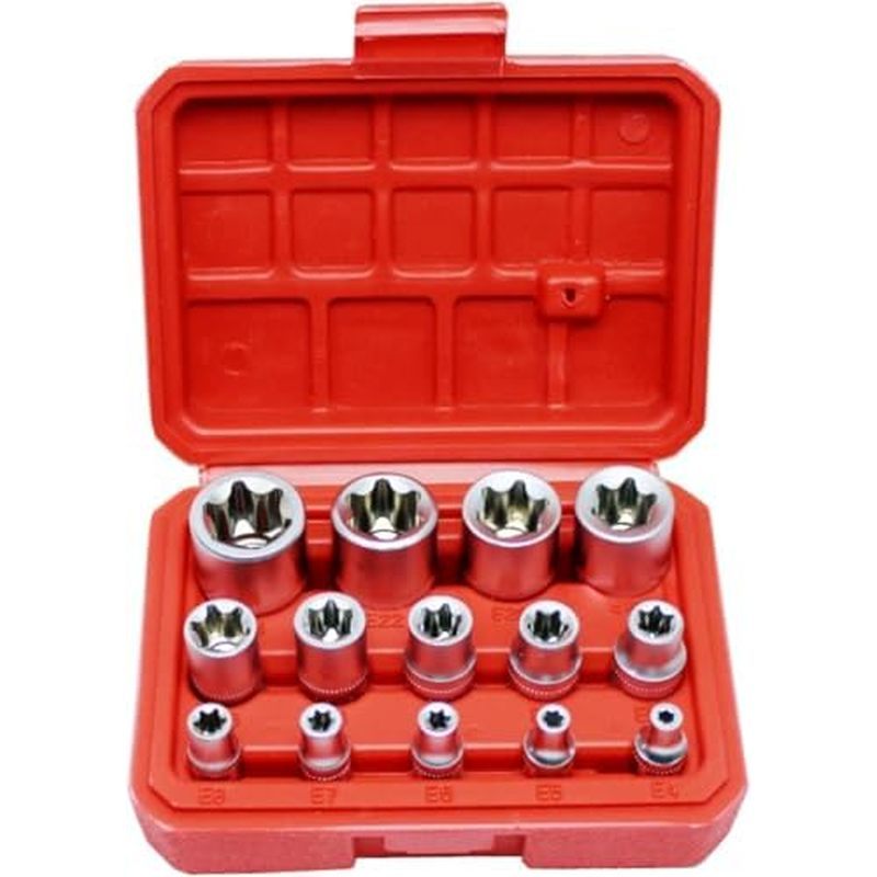 Conjunto De Soquete Estrela E-Torx Fêmea , 14 Peças , Com Estojo , 1/4 , 3/8 , Externa De Unidade 1/2 De Torque E4-E24