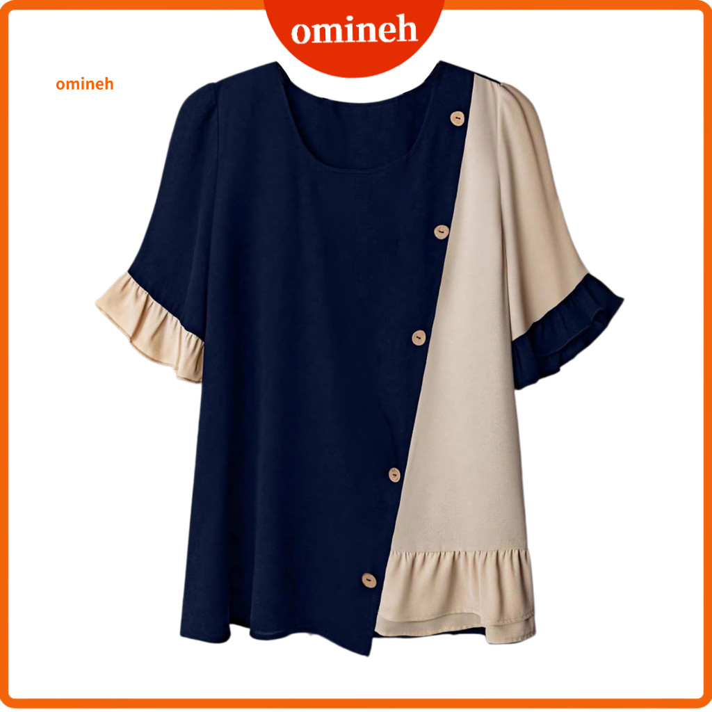 Lightweight Breathable Shirt Beige Ruffle Detail Tops Women’s Crew Neck Short Sleeve Blouse with Irregular Hem Button