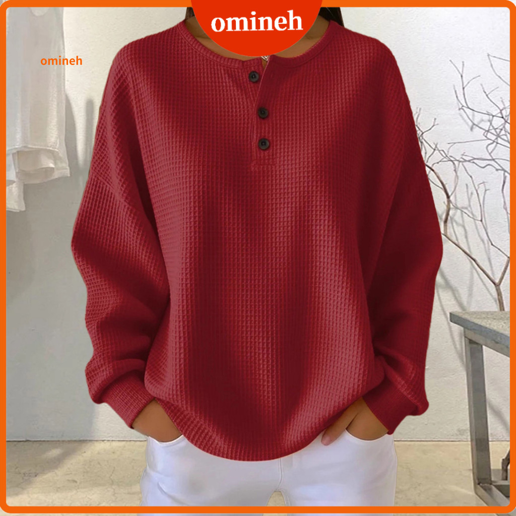 Crew Neck Shirt Women Waffle Knit Tops Women’s Long Sleeve Pullover Top Button Detail Solid Color Blouse for Wear –