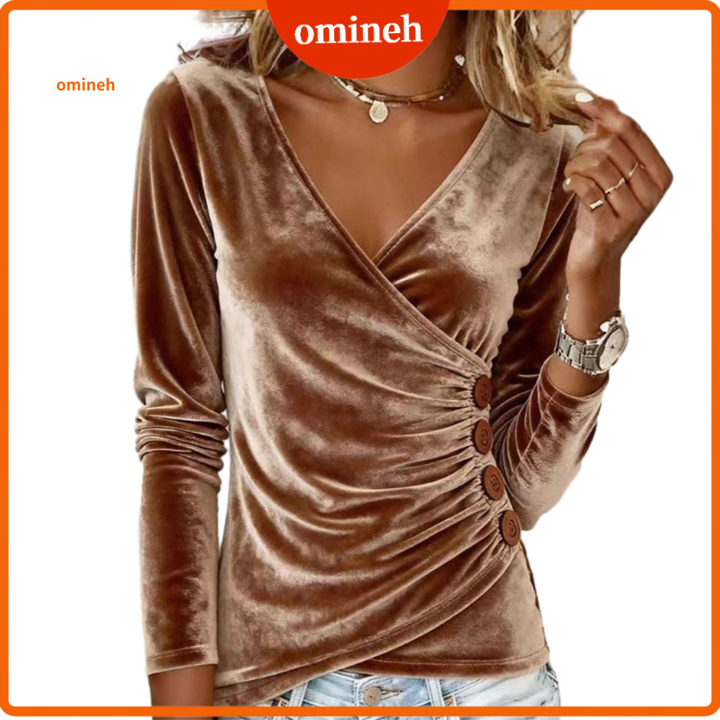 Elegant Women Top Shirt Women’s Slim Fit V Neck Long Sleeve Pullover – Soft Stretchy Blouse with Side Pleats Button
