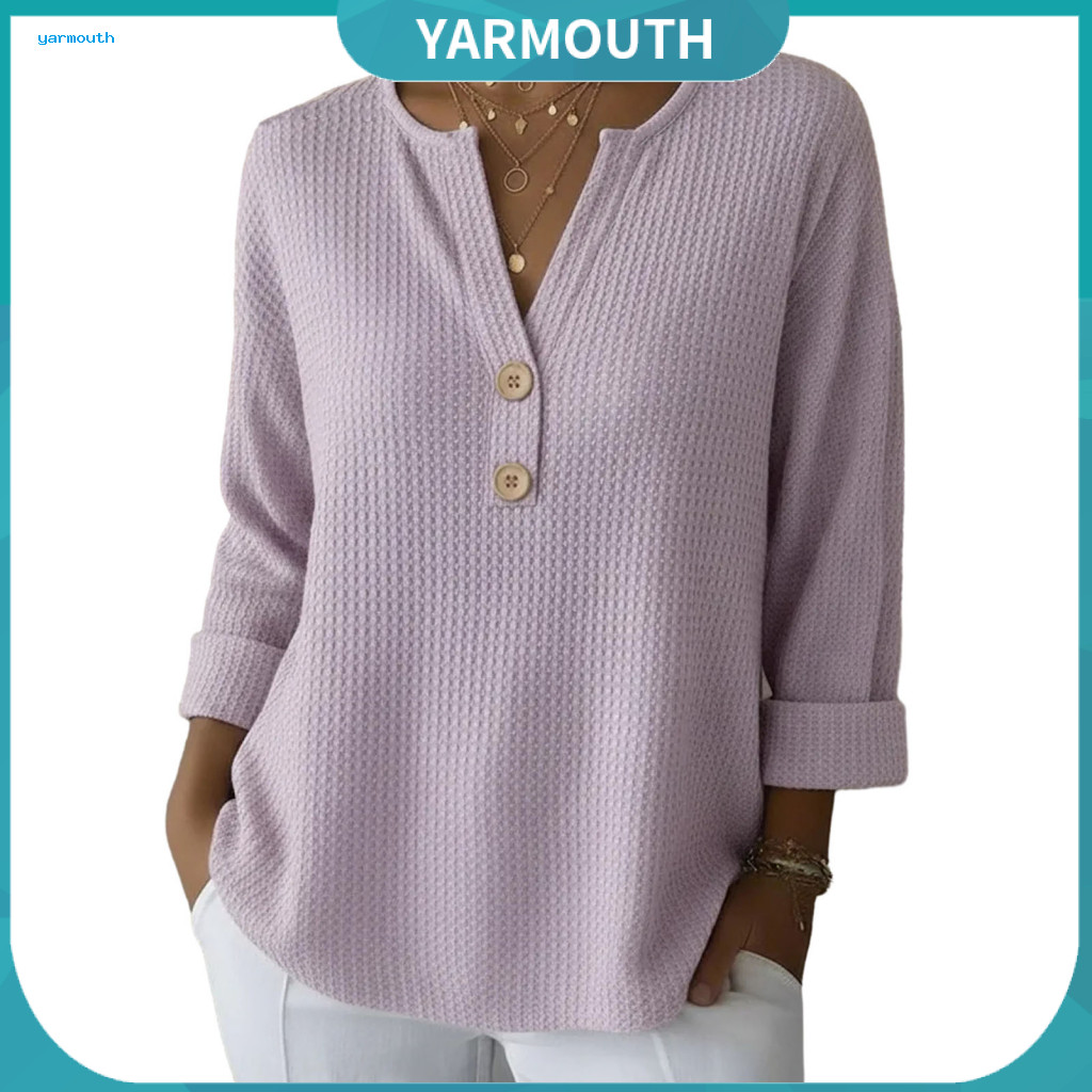 Women Blouse Regular Fit Top Women’s V-neck Button Half Placket Long Sleeve Pullover – Soft Stretchy Waffle Texture