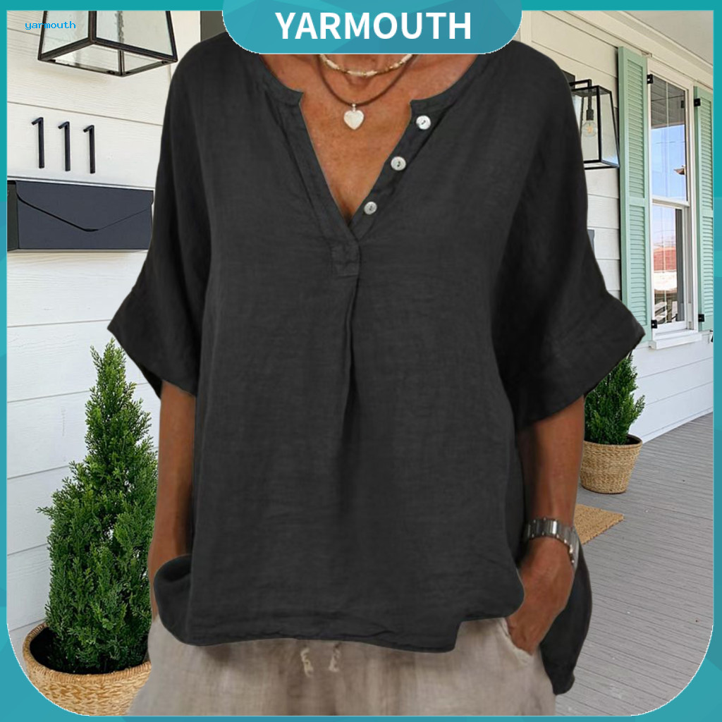 Elastic Women Top Breathable Blouse Women’s Cotton Linen Shirt V-neck Button Half Placket Sleeve Loose Fit Wear Summer