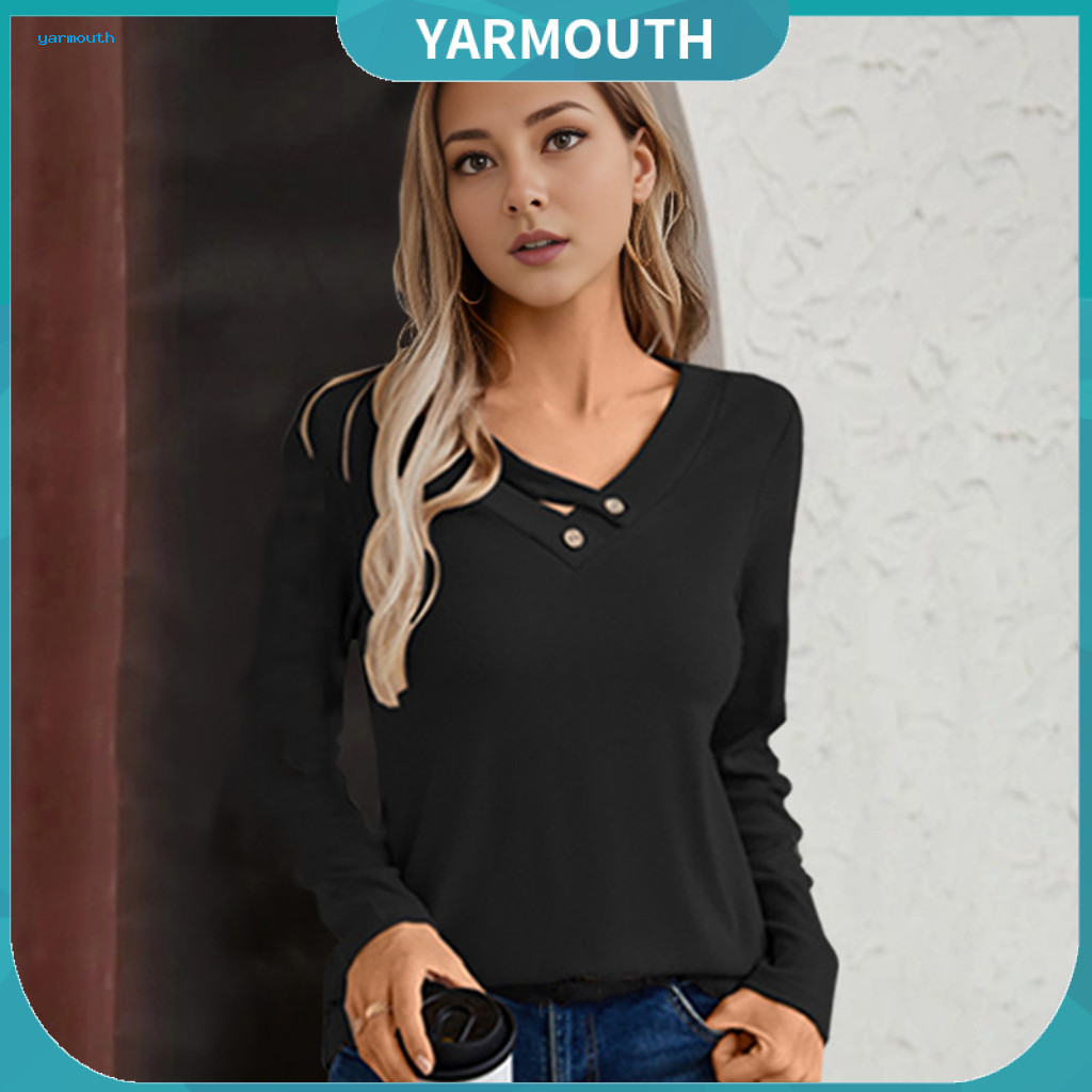 Women Button Detail Top V-neck Long Sleeve Women’s Ribbed Knit with Buttons Stretchy Loose Fit Autumn Shirt Office Wea
