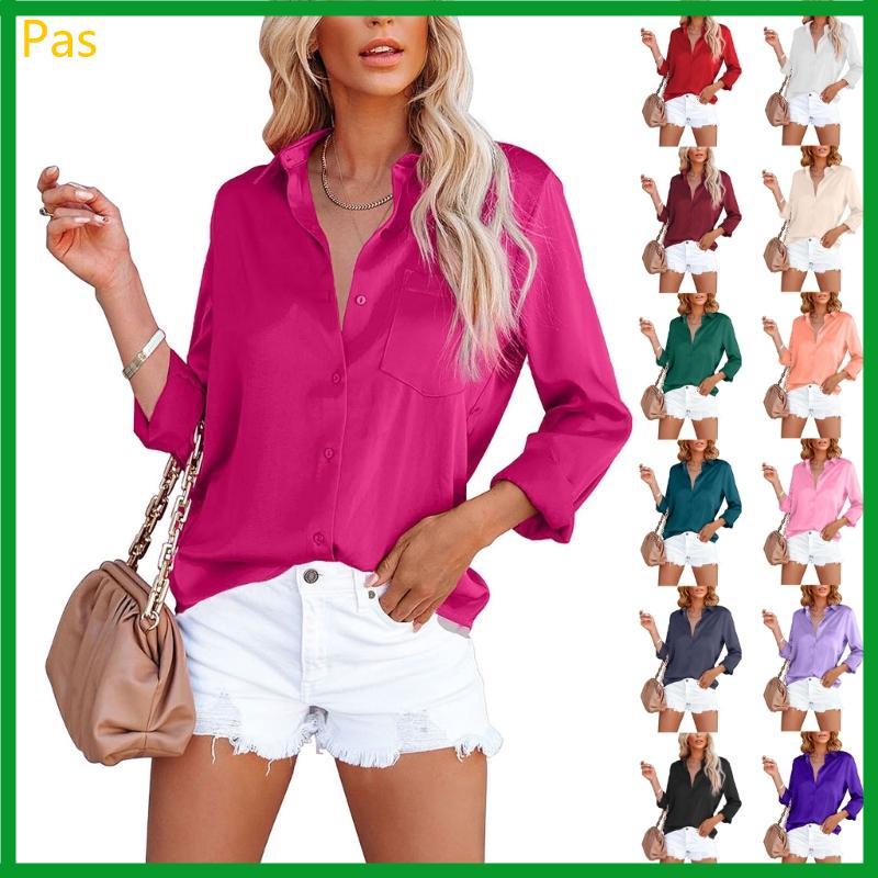 Womens Silky Polyester V Neck Button Down Shirt Long Sleeve Loose Fit Blouse