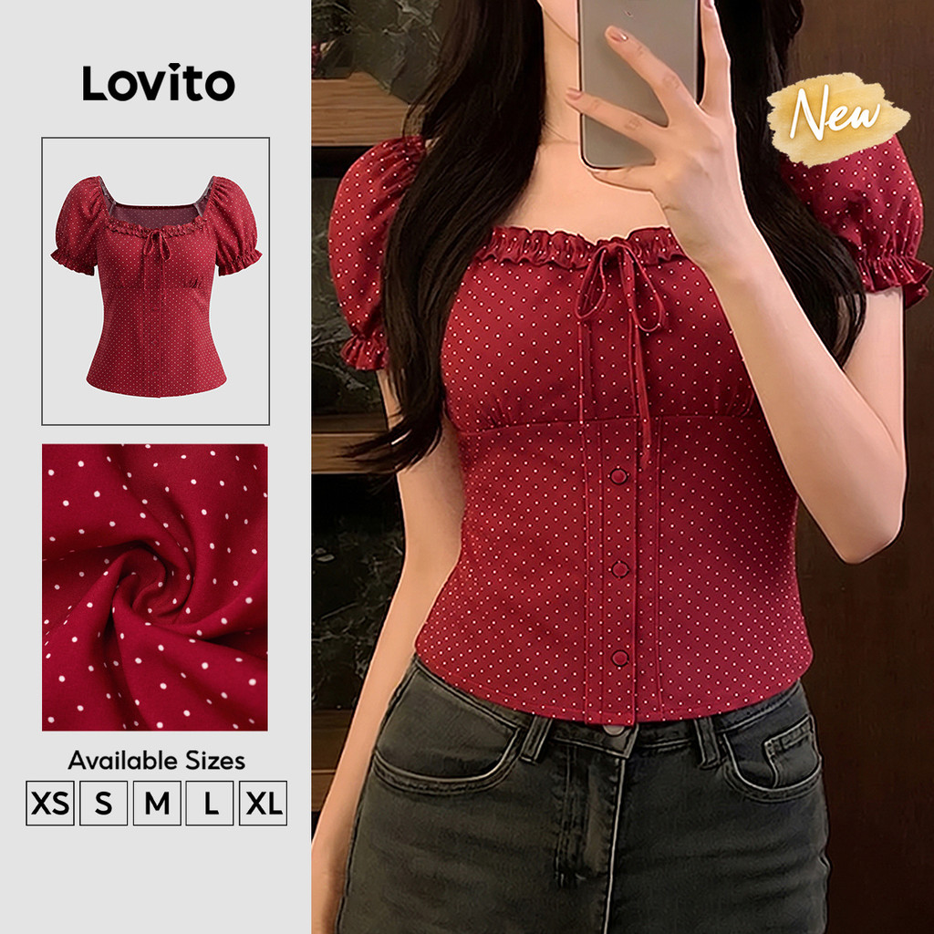 (New Arrival) Lovito Women 'S Red Polka Dot Spring/summer Blouse Short Sleeve Square Neck Tie Front Button Lettuce Trim BLB204P1D807