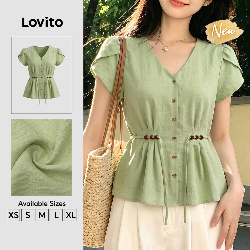(New Arrival) Lovito Women 'S Green Short Sleeve V Neck Button Beaded Pleated Spring/summer Workwear Blouse BLB204P1D263