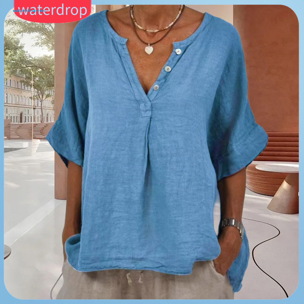 Women’s Cotton Linen Shirt V-neck Button Half Placket Sleeve Breathable Loose Fit Top Casual Daily Wear Summer Blouse