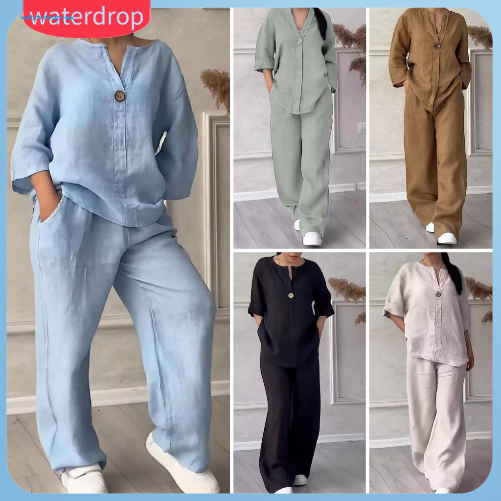 2 Pcs Women Blouse and Pants Set V Neck Long Sleeve Button Top Wide Leg Drawstring Elastic Waist Trousers Homewear Offic