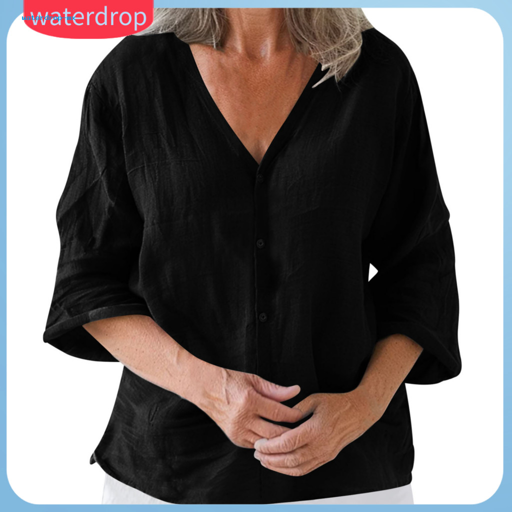 Women’s Loose Fit V-neck 3/4 Sleeve Summer Shirt Button Closure Tee Solid Color Wear Top – Lightweight and Comfortab