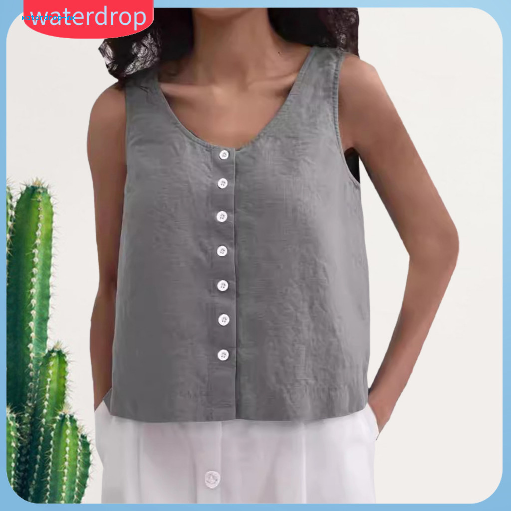 Women’s Summer Sleeveless Vest Top Loose Fit Round Neck Tank with Button Placket Solid Color Streetwear Blouse for Hot
