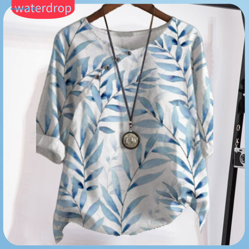 Women’s Summer Loose Fit Pullover Shirt Round Neck Short Sleeve Top with Retro Leaf Print and Button Decor Lightweight