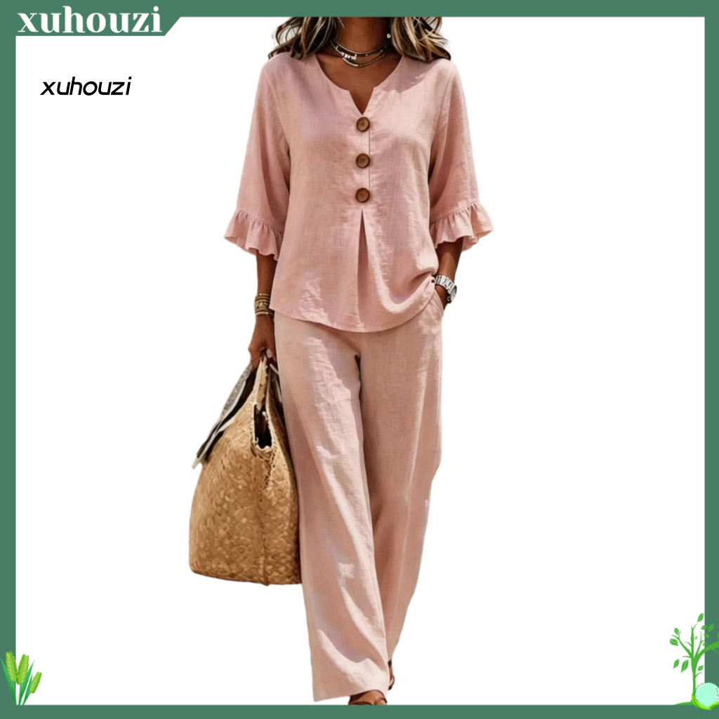 Wide Leg Pants V-neck Blouse with Buttons Women’s Summer 2-piece Set Ruffle Sleeve V Neck Button Top Loose Lounge Outf