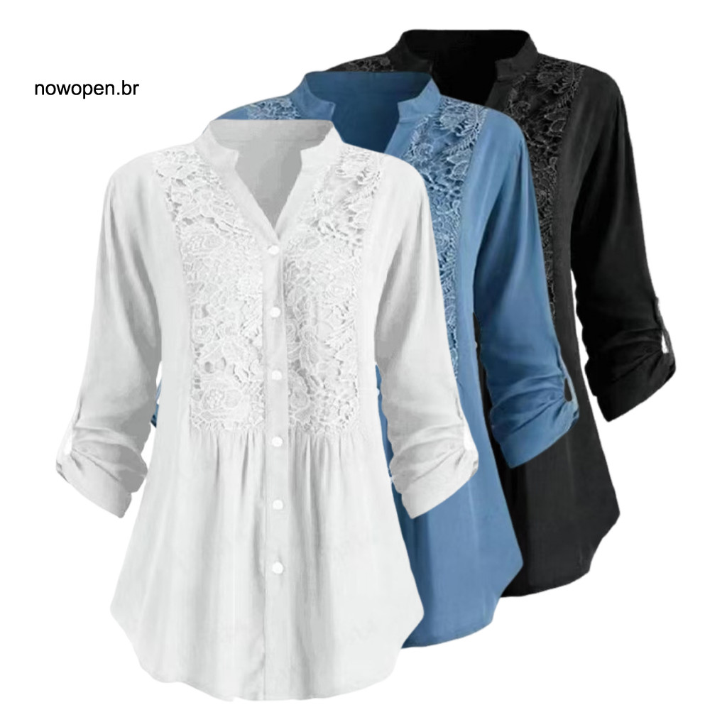 Women Mid Length Shirt Top Women’s Plus Size Floral Embroidered Lace Blouse V Neck Button-down Long Sleeve with Cuffli