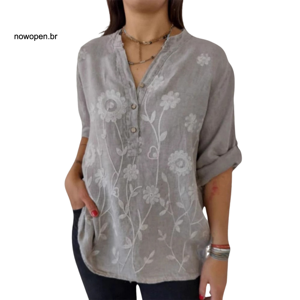Women Blouse Loose Fit Shirt Women’s V-neck Button Floral Half Sleeve Top Comfortable and Versatile for Everyday Wear
