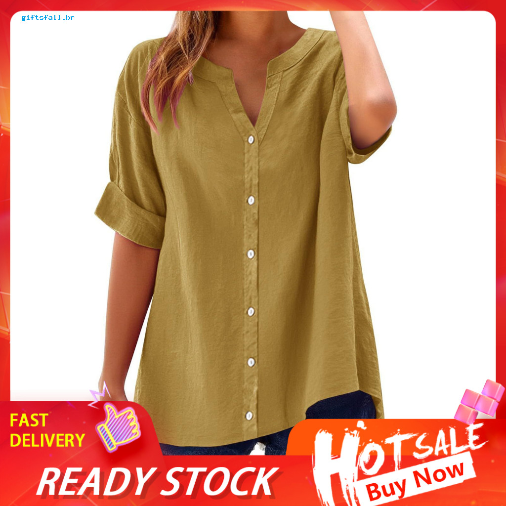 Breathable Women Top Shirt Tops Women’s V-neck Half Sleeve Button Placket Solid Color Loose Fit Summer Comfortable Wea