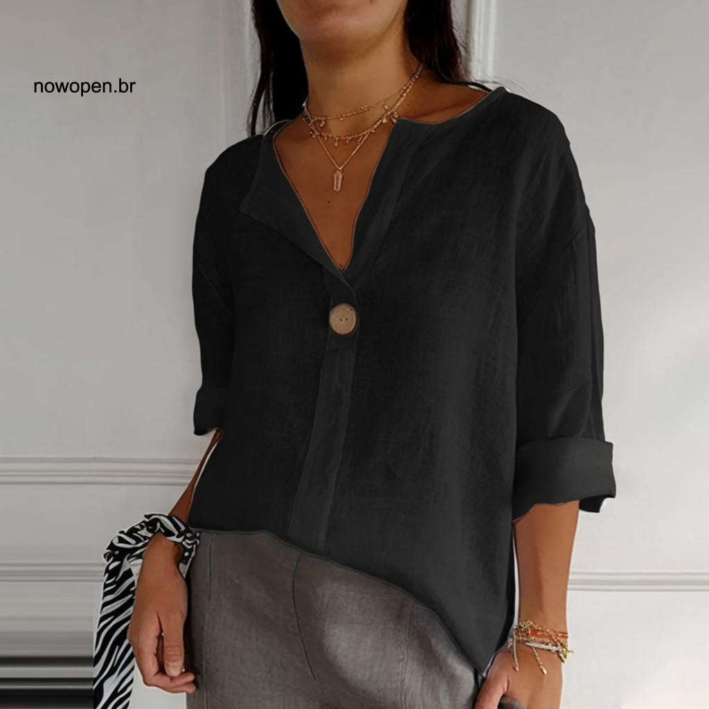 Women Shirt Multi-color Blouse Women’s V-neck Button 3/4 Sleeve Loose Fit Top Breathable Solid Color for Wear Comforta