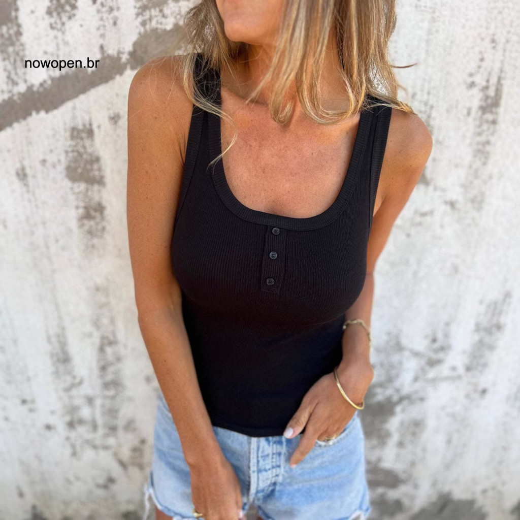 Women Rib Knit Vest Round Neck Sleeveless Top Women’s Slim Fit U-neck Button-down Tank Camisole Blouse for Beach Offic