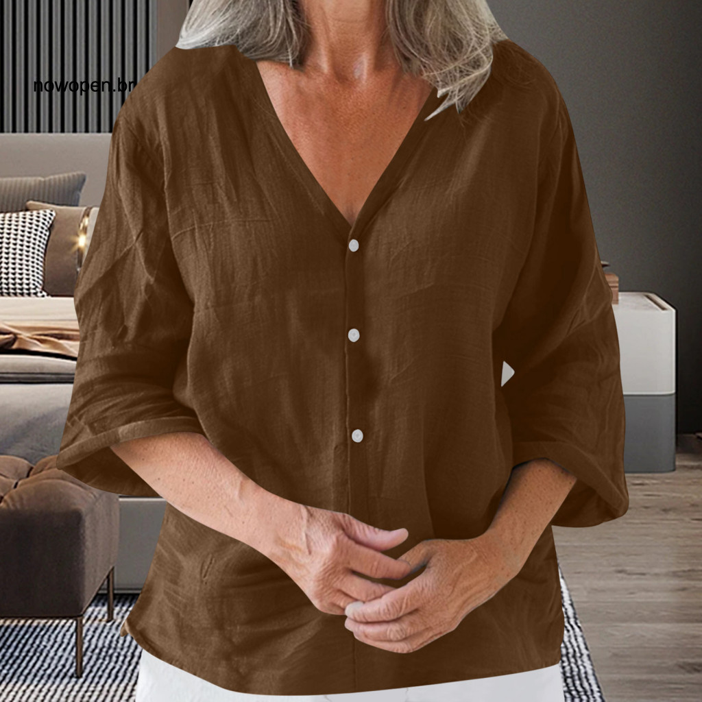 Breathable Top Women Loose Fit Shirt Women’s V-neck 3/4 Sleeve Summer Button Closure Tee Solid Color Wear – Lightwei