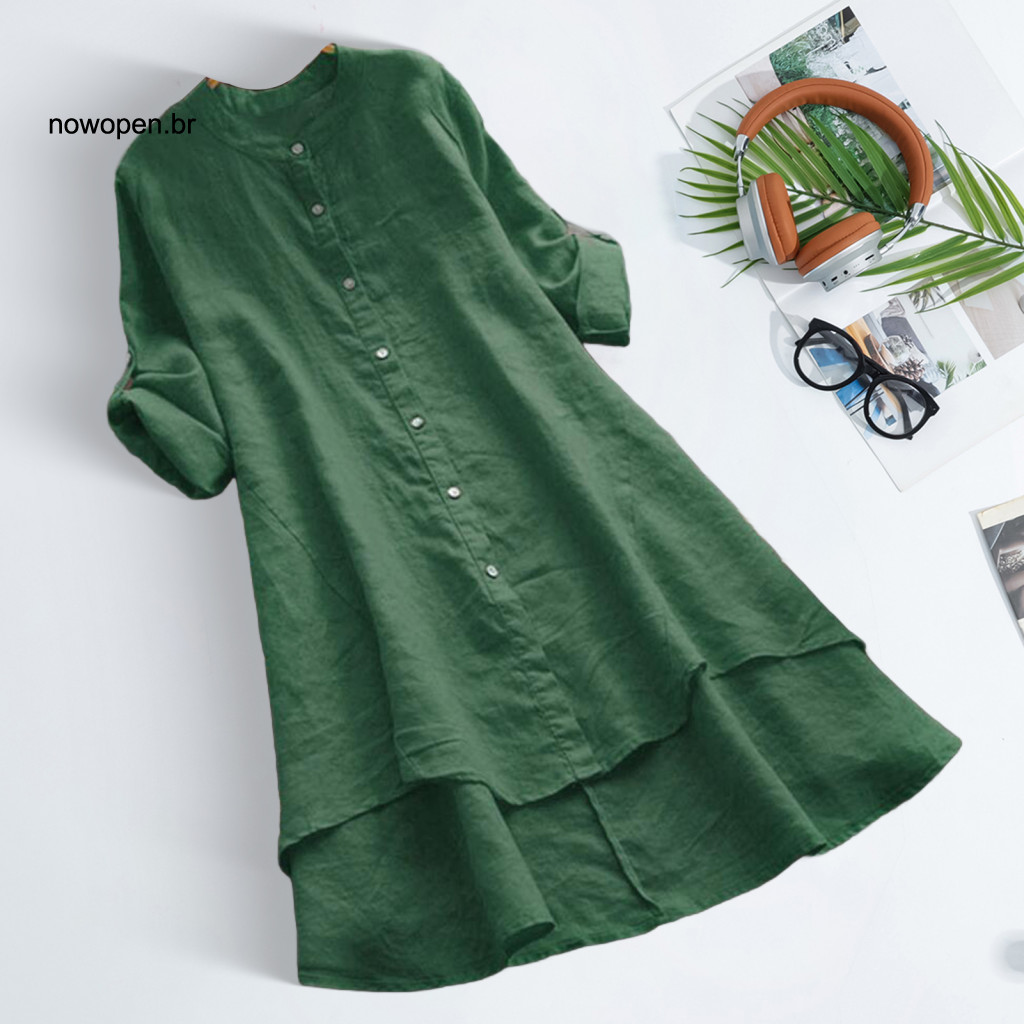 Skin-friendly Top Women Women’s Round Neck Long Sleeve Shirt Roll-up Sleeves Button Placket Solid Color Loose Fit Mid-