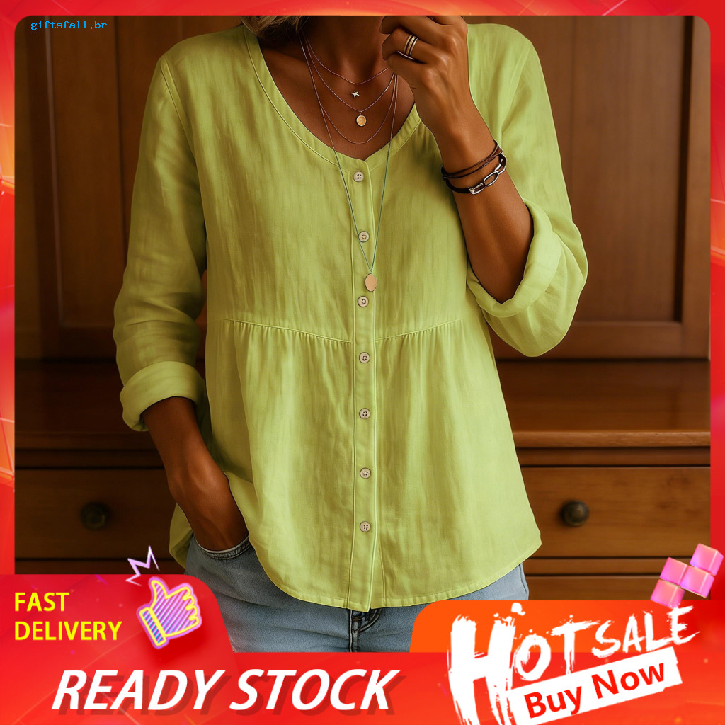 Natural Resin Button Shirt Moisture Wicking Women Blouse Women’s V-neck Long Sleeve with Buttons A-line Silhouette Sho