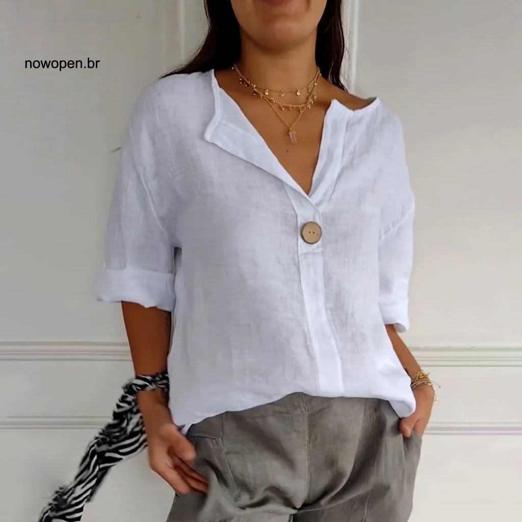 Women V-neck Shirt Simple Style Blouse Women’s Button Pullover 3/4 Sleeve Loose Fit Summer Top Solid Color for Lightwe