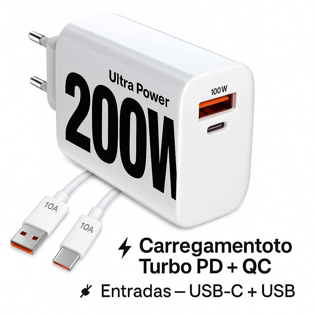 Carregador 200W Turbo para Xiaomi Power duas Saídas USB e Tipo C