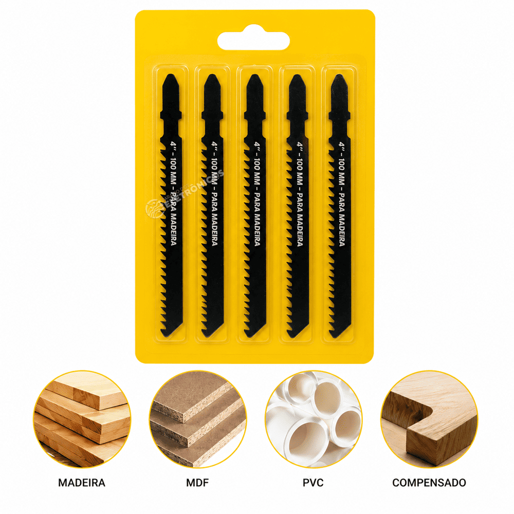Lâmina Para Serra Tico Tico 4 Pol 100mm 8 TPI Kit 5 Unidades Encaixe Tipo T BOM-5130