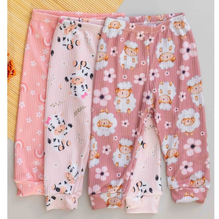 Kit 3 Calça Bebê Infantil Menina Canelada e Estampas Variadas