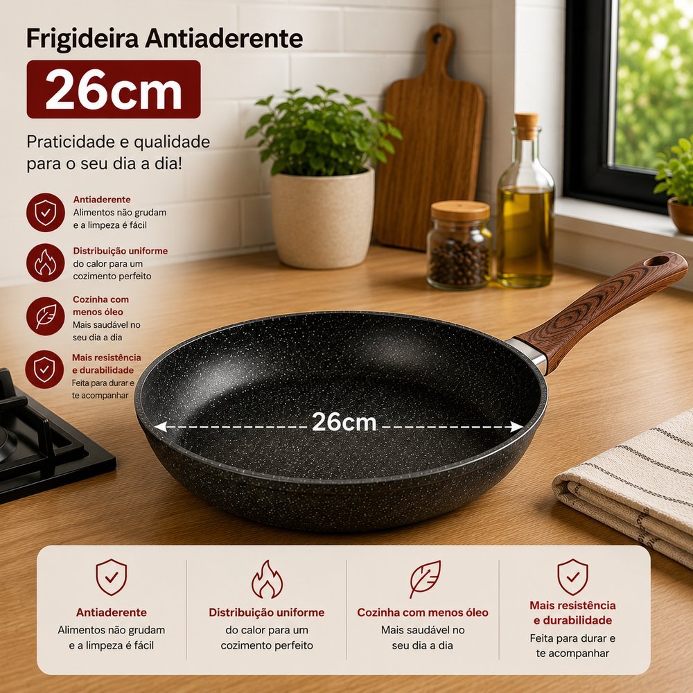Frigideira Antiaderente Alumínio Fritar Carnes Ovos Revestimento Cerâmico Cabo Madeira Cozinha