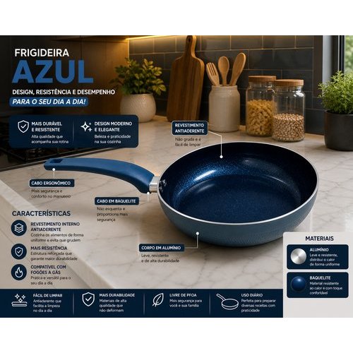 Frigideira Ceramica Antiaderente 26cm Revestimento Duravel Facil Limpeza Azul