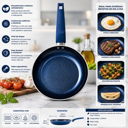 Frigideira Antiaderente Leve Resistente Revestimento Ceramico  Azul 22cm Cozinha Saudavel Preparos Rapidos