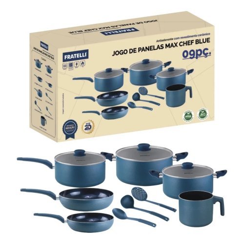 Jogo Panelas Antiaderente 9 Peças Azul Alumínio Revestimento Durável Cozinha Prática Fácil Limpeza