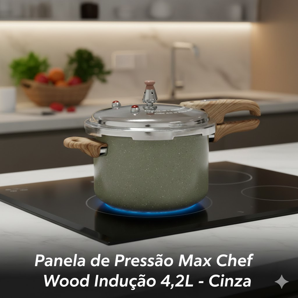 Panela de Pressão Antiaderente 4,2L Revestimento Cerâmico Indução Max Chef Wood Cinza