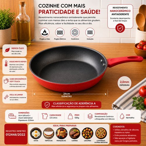 Frigideira Revestimento Nanoceramico 24cm Vermelha Antiaderente Duravel Facil Limpeza Moderno