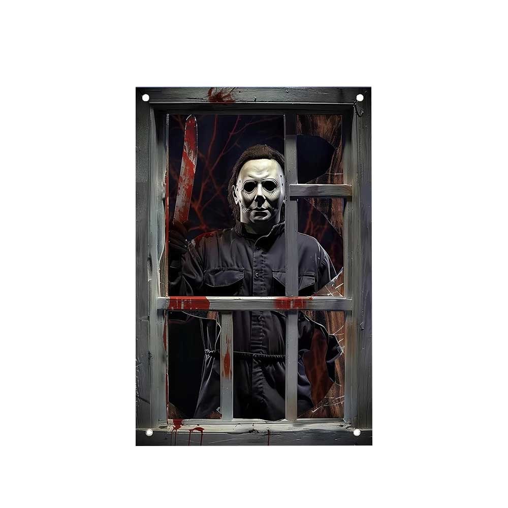 Halloween Horror Character Metal Poster Michael Myers Looking Through Window Wall Sign for Bar Home Decor
