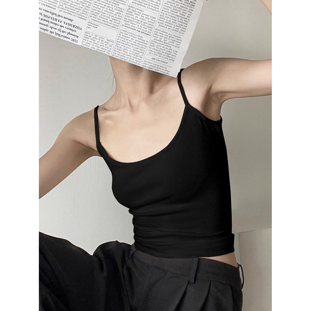 Estilo americano preto All-Match alça de ombro fina estilingue colete interno feminino verão quente menina magro-ajuste