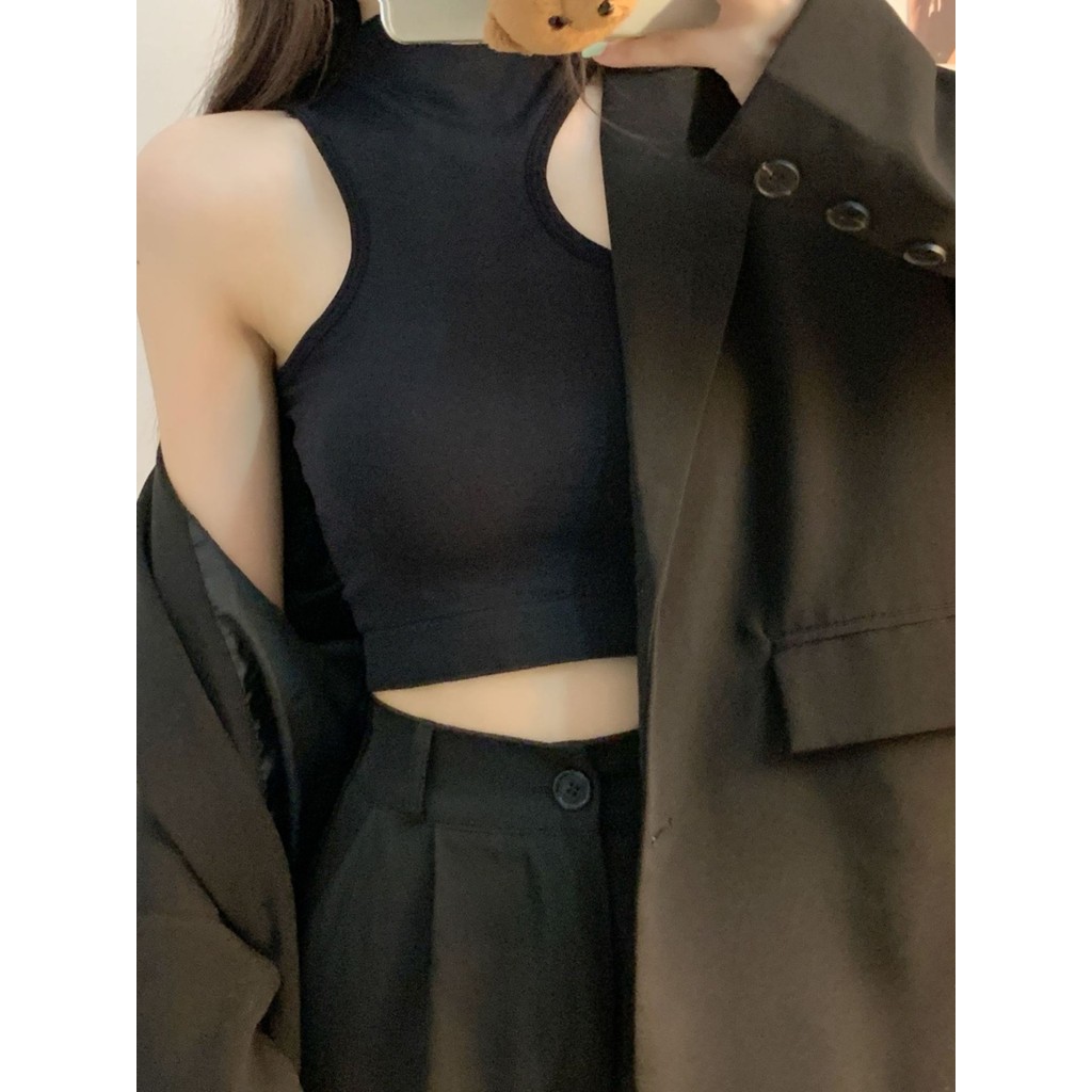 Preto rosqueado pequena camisola feminina verão 2024 novo estilo All-Match na moda estilo curto interior exterior usar B