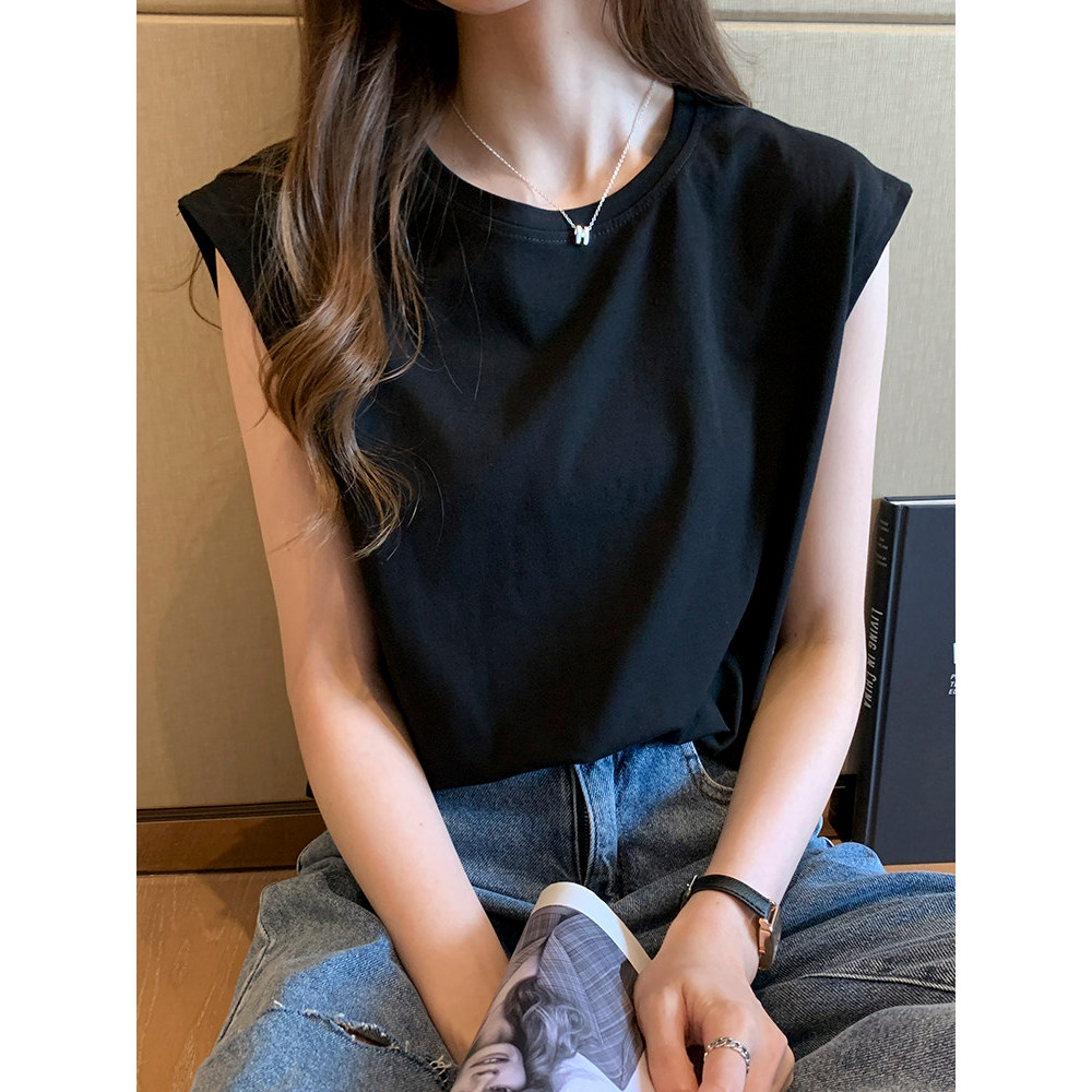 Colete feminino primavera verão All-Match algodão solto exterior usar sem mangas camiseta preto topo camisola camisa de