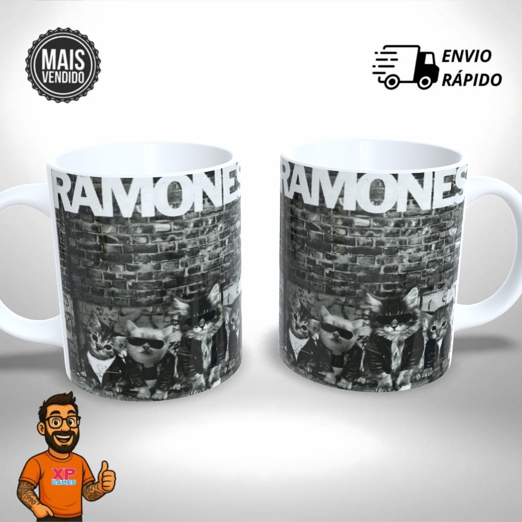 Caneca Cerâmica Personalizada Banda Rock Gatinhos Ramones - Presente Único e Criativo