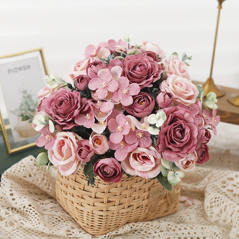 Buquê Flores Artificiais Rosas Hortênsia Seda Vintage Europeu Decoração Casamento Arranjo Realista Mesa Festa Casa Sala