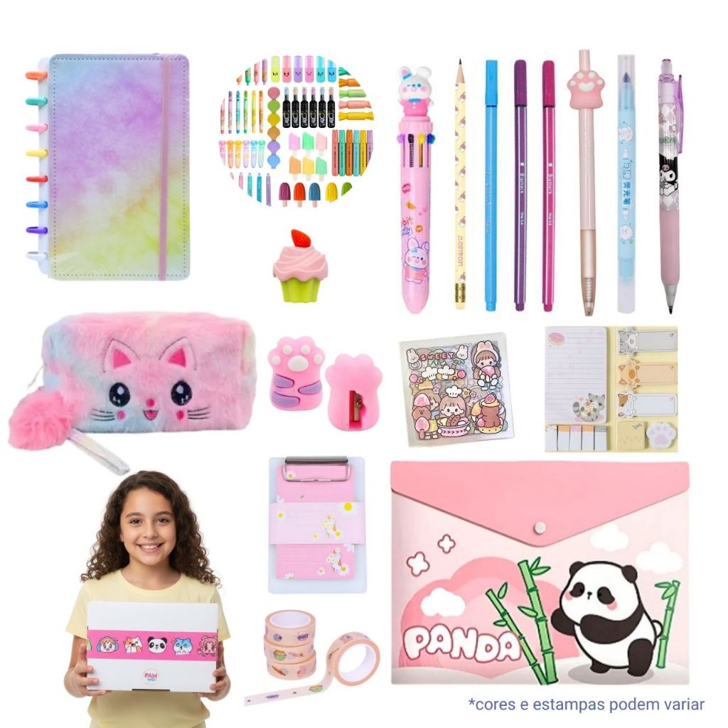 Kit Papelaria Fofa Menina 30 Itens Kawaii Presente Volta as aulas Estojo Escolar Feminino