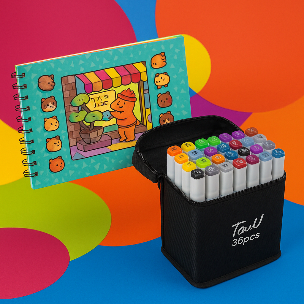 Kit De Canetinhas Ponta Dupla Com Estojo – 36 Peças + Livro de Colorir Caderno