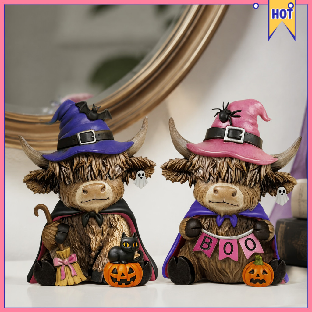 2 Pcs Highland Cow Figurines Halloween Pumpkin Ghost with Witch Hat Wooden Ornaments for Tabletop Shelf Tiered Tray Deco